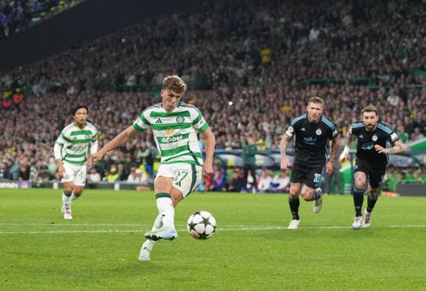 Arne Engels of Celtic scores from the penalty spot to give Celtic a 3-0 lead after Danylo Ihnatenko of Slovan Bratislava kicked Alistair Johnston of Celtic instead of the ball inside the Bratislava penalty area. Celtic v Slovan Bratislava, UEFA Champions League, Group Stage, Football, Celtic Park, Glasgow, Scotland, UK, 18 Sep 2024 EDITORIAL USE ONLY No use with unauthorised audio, video, data, fixture lists, club league logos or live services. Online in-match use limited to 120 images, no video emulation. No use in betting, games or single club league player publications. Copyright: xStuartxWallace Shutterstockx 14722221ag