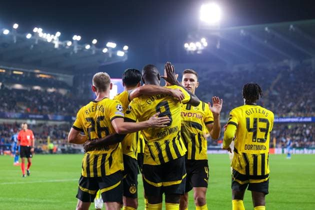 Sport Bilder des Tages 18.09.2024, Fussball, Saison 2024 2025, UEFA Champions League, 1. Spieltag, FC Brügge - Borussia Dortmund, Die Spieler des BVB bejubeln das Tor zum 0:3 durch Serhou Guirassy (Borussia Dortmund), Brügge Jan Breydel Stadion Belgien xRHR-FOTO DEx Copyright: DennisxEwert RHR-FOTOx RHR-FOTO DE