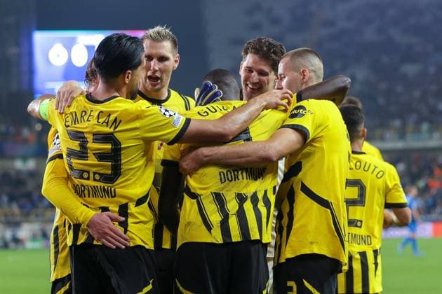 18.09.2024, Fussball, Saison 2024 2025, UEFA Champions League, 1. Spieltag, FC Brügge - Borussia Dortmund, Die Spieler des BVB bejubeln das Tor zum 0:3 durch Serhou Guirassy (Borussia Dortmund), Brügge Jan Breydel Stadion Belgien xRHR-FOTO DEx Copyright: DennisxEwert RHR-FOTOx RHR-FOTO DE
