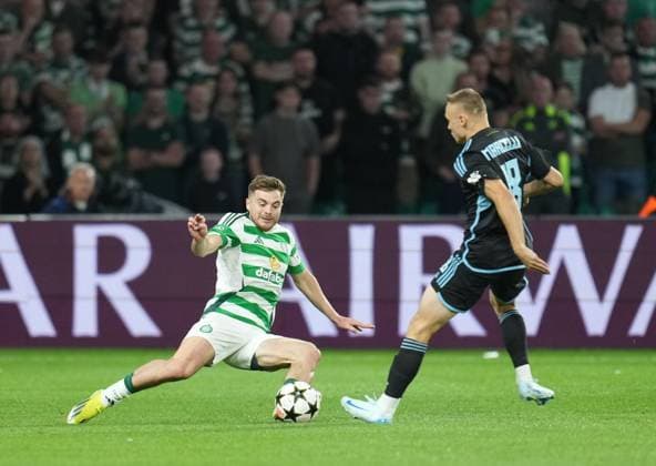 James Forrest of Celtic & Nino Marcelli of Slovan Bratislava. Celtic v Slovan Bratislava, UEFA Champions League, Group Stage, Football, Celtic Park, Glasgow, Scotland, UK, 18 Sep 2024 EDITORIAL USE ONLY No use with unauthorised audio, video, data, fixture lists, club league logos or live services. Online in-match use limited to 120 images, no video emulation. No use in betting, games or single club league player publications. Copyright: xStuartxWallace Shutterstockx 14722221cb