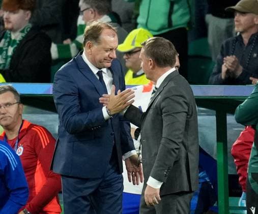 Slovan Bratislava Manager Vladimir Weiss with Celtic Manager Brendan Rodgers at the full-time whistle. Final score Celtic 5 Slovan Bratislava 1. Celtic v Slovan Bratislava, UEFA Champions League, Group Stage, Football, Celtic Park, Glasgow, Scotland, UK, 18 Sep 2024 EDITORIAL USE ONLY No use with unauthorised audio, video, data, fixture lists, club league logos or live services. Online in-match use limited to 120 images, no video emulation. No use in betting, games or single club league player publications. Copyright: xStuartxWallace Shutterstockx 14722221ci