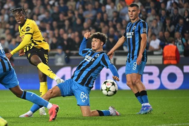 Bruegge, Jan Breydel Stadion, 18.09.24, GER, Herren, UEFA Champions League, Saison 2024-2025, Club Bruegge - Borussia Dortmund Bild: Jamie GITTENS (Dortmund) macht das Tor zum 0:2 Only for editorial use! UEFA regulations prohibit any use of photographs as image sequences and or quasi-video. Flandern Belgien
