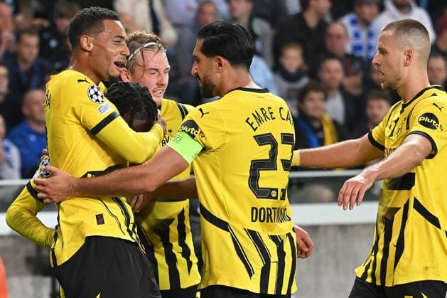 Bruegge, Jan Breydel Stadion, 18.09.24, GER, Herren, UEFA Champions League, Saison 2024-2025, Club Bruegge - Borussia Dortmund Bild: Jamie GITTENS (Dortmund) jubelt nach seinem Tor zum 0:2 Only for editorial use! UEFA regulations prohibit any use of photographs as image sequences and or quasi-video. Flandern Belgien