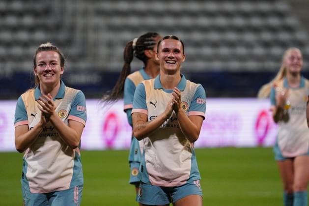 Lauren Hemp of Man City and Kerstin Casparij of Man City salute the fans at the end of the match Paris FC Women v Manchester City Women, UEFA Women s Champions League, Second Round, Football, Stade Charlety , Paris, France, 18 Sep 2024 EDITORIAL USE ONLY No use with unauthorised audio, video, data, fixture lists, club league logos or live services. Online in-match use limited to 120 images, no video emulation. No use in betting, games or single club league player publications. Copyright: xDavexWinter Shutterstockx 14722161mc