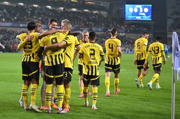 Bruegge, Jan Breydel Stadion, 18.09.24, GER, Herren, UEFA Champions League, Saison 2024-2025, Club Bruegge - Borussia Dortmund Bild: Serhou GUIRASSY (Dortmund) jubelt nach seinem Tor zum 0:3 Only for editorial use! UEFA regulations prohibit any use of photographs as image sequences and or quasi-video. Flandern Belgien