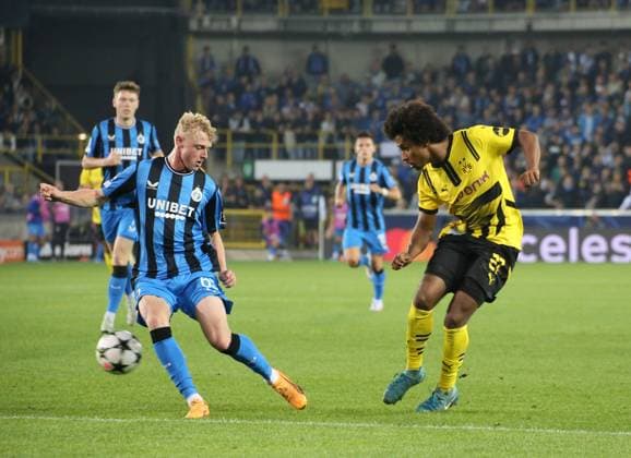 18.09.2024, xgrfx, Fussball UEFA Champions League, Club Brügge - Borussia Dortmund emspor, v.l. Joaquin Seys (Club Brügge), Karim Adeyemi (Borussia Dortmund) (DFL DFB REGULATIONS PROHIBIT ANY USE OF PHOTOGRAPHS as IMAGE SEQUENCES and or QUASI-VIDEO) Brügge