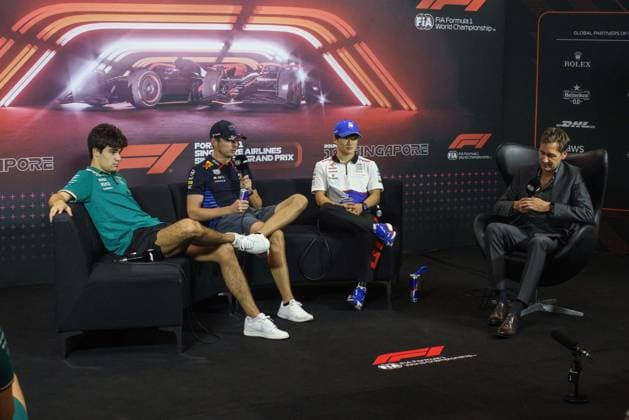STROLL Lance (can), Aston Martin F1 Team AMR24, portrait VERSTAPPEN Max (ned), Red Bull Racing RB20, portrait TSUNODA Yuki (jap), Visa Cash App RB F1 Team VCARB 01, portrait press conference, PK, Pressekonferenz during the Formula 1 Singapore Grand Prix 2024, 18th round of the 2024 Formula One World Championship, WM, Weltmeisterschaft from September 20 to 22, 2024 on the Marina Bay Circuit, in Singapore, Singapore - F1 - SINGAPORE GRAND PRIX 2024 DPPI Panoramic 240919_R18_SINGAPORE_DP_XB5_6659