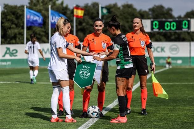 Alcochete, Portugal, September 19th, 2024: Referres, Ana Borges (9 Sporting CP) and Olga (7 Real Madrid CF) in action during the UEFA Women s Champions League game between Sporting CP v Real Madrid CF at Estadio Aurelio Pereira, Alcochete, Portugal (Joao Bravo SPP) Copyright: xJoaoxBravoxx xSPPx spp-en-JoBr-JBF-2032