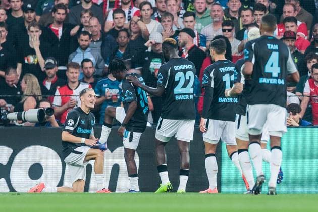 UEFA Champions League: Feyenoord Rotterdam - Bayer 04 Leverkusen; 19.09.2024 Jubel zum 0:3 durch Florian Wirtz (Bayer 04 Leverkusen, 10) nach Vorlage von Jeremie Frimpong (Bayer 04 Leverkusen, 30) UEFA Champions League: Feyenoord Rotterdam - Bayer 04 Leverkusen, Rotterdam, Stadion Feijenoord De Kuip am 19.09.2024 Copyright: xBEAUTIFULxSPORTS Wunderlx