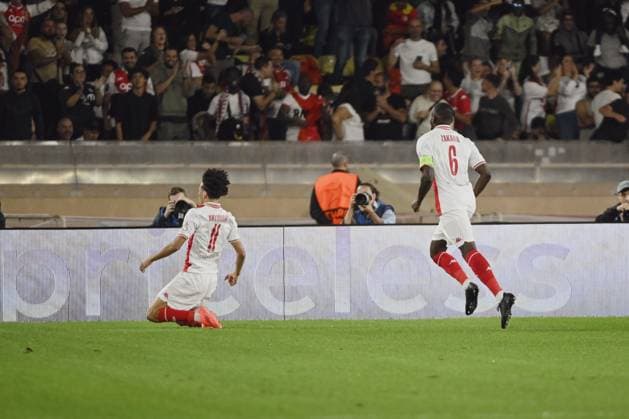 AKLIOUCHE Maghnes (AS Monaco) mark a goal. AS Monaco vs FC Barcelone UEFA Champions League in Stade Louis II, MONACO, on September 19, 2024. FOOTBALL: C1 - AS Monaco vs FC Barcelone - UEFA Champions League - 19 09 24 FredDides Panoramic 