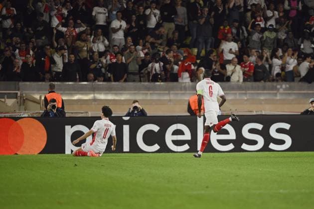 AKLIOUCHE Maghnes (AS Monaco) mark a goal. AS Monaco vs FC Barcelone UEFA Champions League in Stade Louis II, MONACO, on September 19, 2024. FOOTBALL: C1 - AS Monaco vs FC Barcelone - UEFA Champions League - 19 09 24 FredDides Panoramic 