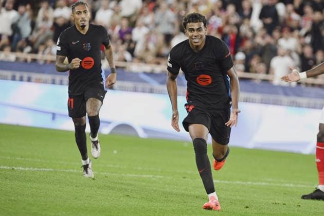 YAMAL Lamine (FC Barcelone) joy after mark a goal. AS Monaco vs FC Barcelone UEFA Champions League in Stade Louis II, MONACO, on September 19, 2024. FOOTBALL: C1 - AS Monaco vs FC Barcelone - UEFA Champions League - 19 09 24 FredDides Panoramic 