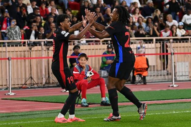AS Monaco v FC Barcelona, Barca - UEFA Champions League 2024 25 League Phase MD1 Lamine Yamal and Jules Kounde of FC Barcelona celebrate equaizing goal during the UEFA Champions League 2024 25 League Phase MD1 match between AS Monaco and FC Barcelona at Stade Louis II on September 19, 2024 in Monaco, Monaco. Monaco Stade Louis II Monaco Monaco Copyright: xNealxSimpson Sportsphoto APLx 14048241