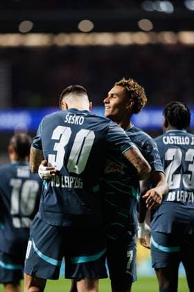 Benjamin Sesko seen celebrating after scoring goal during UEFA Champions League game between teams of Atletico de Madrid and Red Bull Leipzig (Maciej Rogowski) Madrid Estadio Civitas Metropolitano Spain Copyright: xMaciejxRogowskix atletilipsk-4