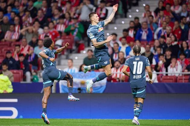 Benjamin Sesko of RB Leipin celebrating his goal with his teammates during the UEFA Champions League match between Atletico de Madrid v RB Leipzig at Stadium Civitas Metropolitano on September 19, 2024 in Madrid (Photo by: LGM) FOOTBALL : Atletico de Madrid vs RB Leipzig - UEFA Ligue des Champions - 19 09 2024 LGM Panoramic 