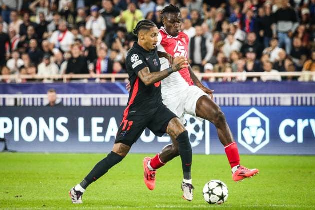 September 19, 2024, Monaco, France, Monaco: Raphael DIAS BELLOLI (Raphinha) of Barcelona and Wilfried SINGO of Monaco during the UEFA Champions League, League Phase MD1 match between AS Monaco and FC Barcelona, Barca at Louis II Stadium on September 19, 2024 in Monaco, Monaco. Monaco Monaco - ZUMAm308 20240919_zsp_m308_007 Copyright: xMatthieuxMirvillex