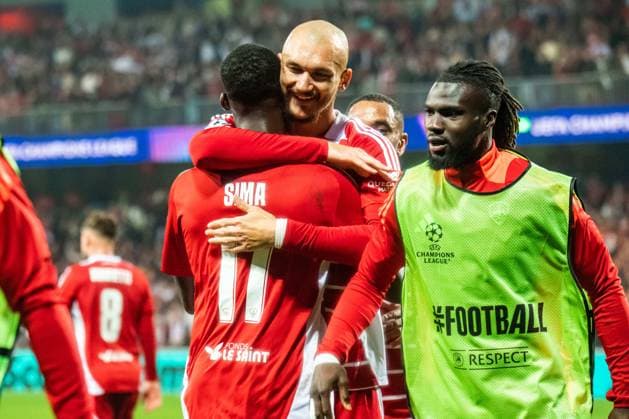 Joie des joueurs du Stade Brestois aprés le but de Abdallah Sima (Stade Bestois) FOOTBALL : Stade Brestois vs SK Sturm Graz - Ligue des Champions - 1ére Journée - 19 09 2024 BaptisteAutissier Panoramic 