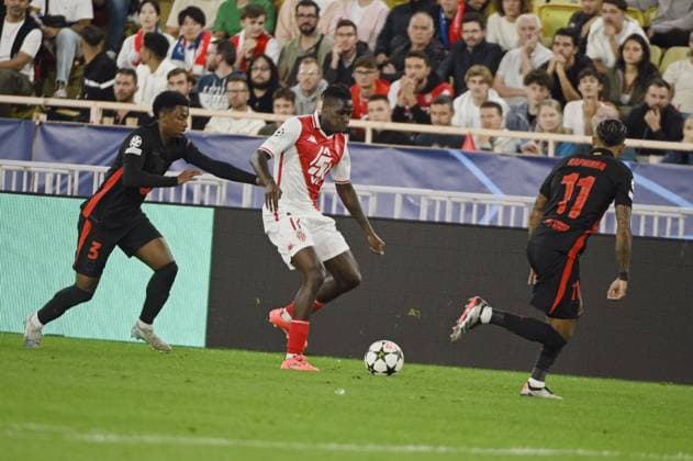 BALDE Alejandro (FC Barcelone) and SINGO Wilfried (AS Monaco). AS Monaco vs FC Barcelone UEFA Champions League in Stade Louis II, MONACO, on September 19, 2024. FOOTBALL: C1 - AS Monaco vs FC Barcelone - UEFA Champions League - 19 09 24 FredDides Panoramic 