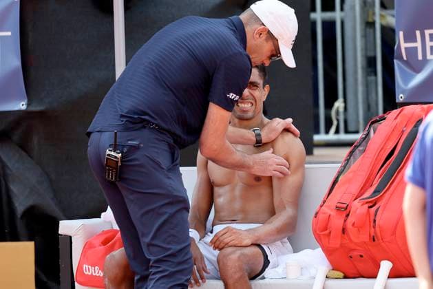 TENNIS - Bad Waltersdorf Trophy BAD WALTERSDORF,AUSTRIA,20.SEP.24 - TENNIS - ATP, Tennis Herren Challenger Tour, Bad Waltersdorf Trophy. Image shows Thiago Monteiro (BRA). keywords: injury.  GEPAxpictures xHansxOberlaender