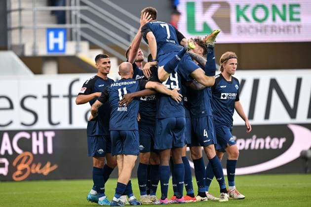 Paderborn, Home Deluxe Arena, 20.09.24, GER, Herren, 2.Bundesliga, Saison 2024-2025, SC Paderborn 07 - Hannover 96 Bild: Koen KOSTONS (Paderborn) jubelt nach seinem Tor zum 1:0 Only for editorial use! DFL regulations prohibit any use of photographs as image sequences and or quasi-video. NRW Deutschland
