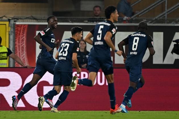 Paderborn, Home Deluxe Arena, 20.09.24, GER, Herren, 2.Bundesliga, Saison 2024-2025, SC Paderborn 07 - Hannover 96 Bild: Ilyas ANSAH (Paderborn) jubelt nach seinem Tor zum 2:1 Only for editorial use! DFL regulations prohibit any use of photographs as image sequences and or quasi-video. NRW Deutschland