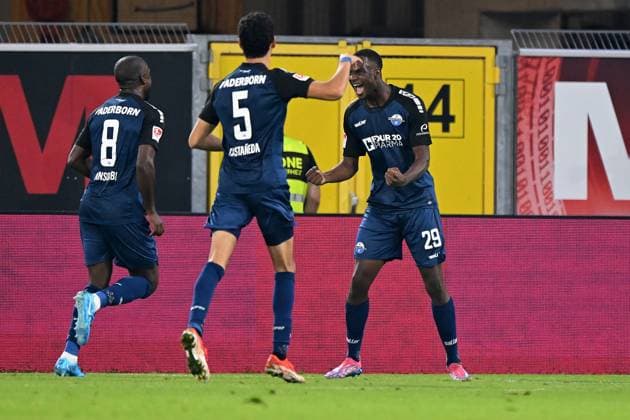 Paderborn, Home Deluxe Arena, 20.09.24, GER, Herren, 2.Bundesliga, Saison 2024-2025, SC Paderborn 07 - Hannover 96 Bild: Ilyas ANSAH (Paderborn) jubelt nach seinem Tor zum 2:1 Only for editorial use! DFL regulations prohibit any use of photographs as image sequences and or quasi-video. NRW Deutschland