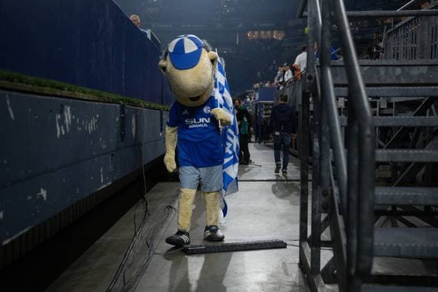 20.09.2024, Fussball, 2. Bundesliga, 29. Spieltag Saison 2024 2025, FC Schalke 04 - SV Darmstadt, Schalkes Maskottchen - Erwin lässt den Kopf hängen. Gelsenkirchen Veltins-Arena Nordrhein-Westfalen Deutschland xRHR-FOTO TKx