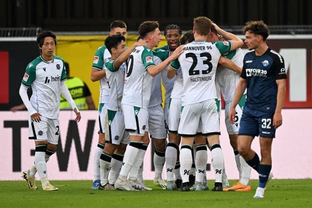 Paderborn, Home Deluxe Arena, 20.09.24, GER, Herren, 2.Bundesliga, Saison 2024-2025, SC Paderborn 07 - Hannover 96 Bild: BartÅ‚omiej WDOWIK (Hannover) jubelt nach seinem Tor zum 1:1 Only for editorial use! DFL regulations prohibit any use of photographs as image sequences and or quasi-video. NRW Deutschland
