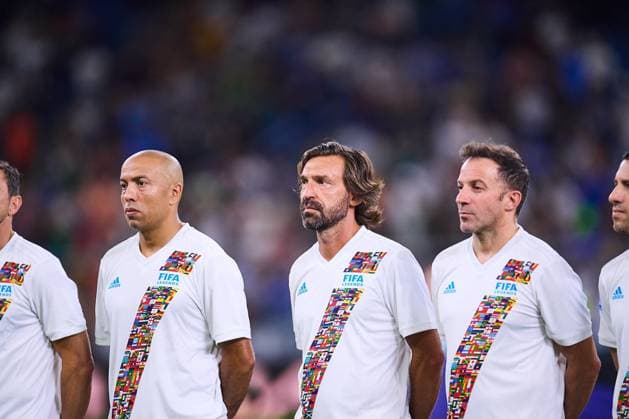 RECORD DATE NOT STATED Leyendas Internacionales vs Leyendas de Mexico Houssine Kharja, Andrea Pirlo, Alkessandro del Piero of FIFA Legends during match Legends between International FIFA Legends and Mexico Legends 2024, at BBVA Bancomer Stadium on September 20, 2024 in Monterrey, Nuevo Leon, Mexico. MONTERREY NUEVO LEON MEXICO  Copyright: xJONATHANxDUENASx 20240920221735_LEGENDS_FIFA_MEX_PIRLO41