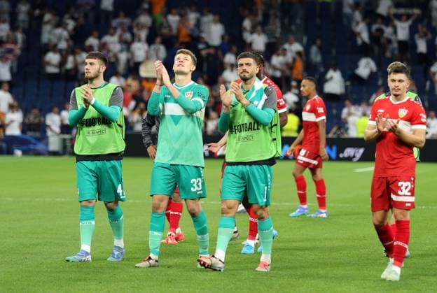 17.09.24 Real Madrid - VfB Stuttgart Spanien, Madrid, 17.09.2024, Fussball, UEFA Champions League, Real Madrid - VfB Stuttgart: v.l. Dennis Seimen, Alexander Nübel, Fabian Bredlow (alle VfB Stuttgart). *** 17 09 24 Real Madrid VfB Stuttgart Spain, Madrid, 17 09 2024, Football, UEFA Champions League, Real Madrid VfB Stuttgart f l Dennis Seimen, Alexander Nübel, Fabian Bredlow all VfB Stuttgart