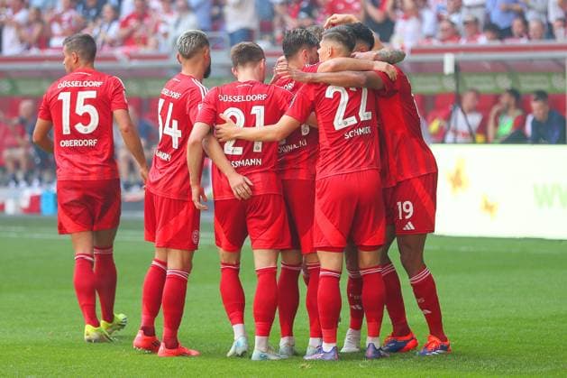 21.09.2024, 2. Fußball Bundesliga, Fortuna Düsseldorf - 1. FC Köln, Merkur Spiel-Arena, Saison 2024 2025: Torjubel nach dem 1:1 durch Emmanuel Iyoha (Fortuna Düsseldorf 19) DFB regulations prohibit any use of photographs as image sequences and or quasi-video. Nordrhein-Westfalen Deutschland
