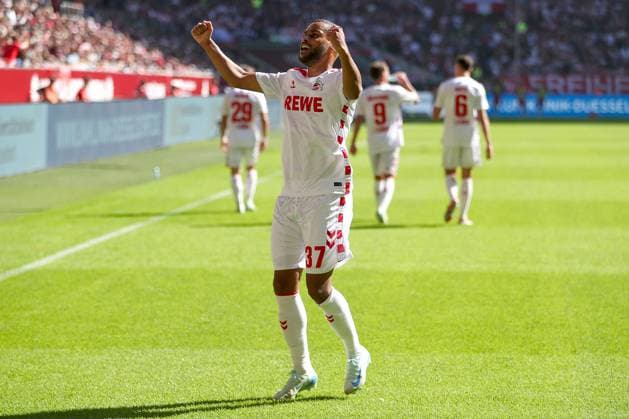 21.09.2024, 2. Fußball Bundesliga, Fortuna Düsseldorf - 1. FC Köln, Merkur Spiel-Arena, Saison 2024 2025: Torjubel nach dem 2:1 durch Linton Maina (1.FC Köln 37) DFB regulations prohibit any use of photographs as image sequences and or quasi-video. Nordrhein-Westfalen Deutschland