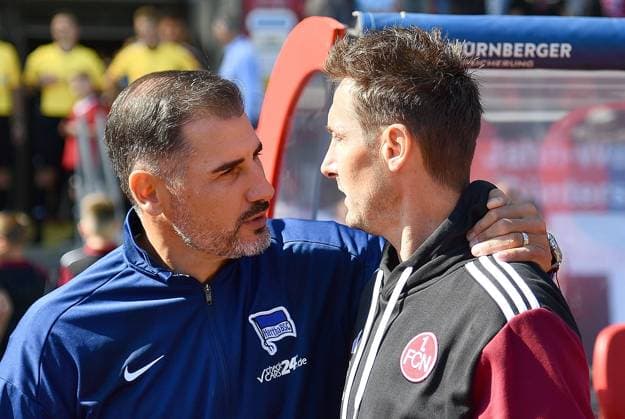 21.09.2024, xhbx, Fussball 2.Bundesliga, 1. FC Nuernberg - Hertha BSC Berlin emspor, v.l. Trainer Cristian Fiel (Hertha BSC Berlin), Trainer Miroslav Klose (1.FC Nuernberg) (DFL DFB REGULATIONS PROHIBIT ANY USE OF PHOTOGRAPHS as IMAGE SEQUENCES and or QUASI-VIDEO) Nuernberg