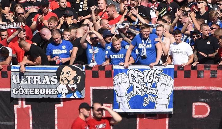 21.09.2024, xhbx, Fussball 2.Bundesliga, 1. FC Nuernberg - Hertha BSC Berlin emspor, v.l. Fans aus Göteborg im Nürnberger Fanblock (DFL DFB REGULATIONS PROHIBIT ANY USE OF PHOTOGRAPHS as IMAGE SEQUENCES and or QUASI-VIDEO) Nuernberg