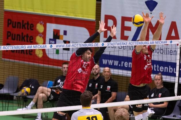 v.li. Yannick Menke (TV Rottenburg, 12), Timon Schippmann (TV Rottenburg, 14) GER, TV Rottenburg vs TSV Grafing, Volleyball, Herren, 2. Bundesliga, Saison 24 25, 21.09.2024, GER, TV Rottenburg vs TSV Grafing, Volleyball, Herren, 2. Bundesliga, Saison 24 25, 21.09.2024 Rottenburg Copyright: xEibner-Pressefoto WolfgangxFrankx EP_WFK