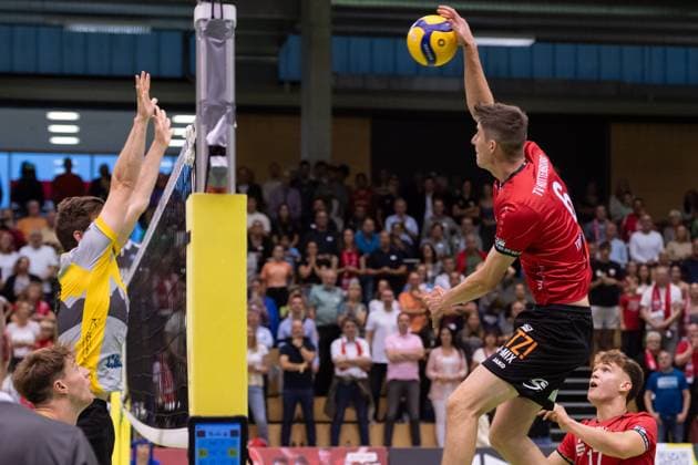 v.li. Niklas Trogisch (TSV Grafing, 13), Maik Traumann (TV Rottenburg, 06) GER, TV Rottenburg vs TSV Grafing, Volleyball, Herren, 2. Bundesliga, Saison 24 25, 21.09.2024, GER, TV Rottenburg vs TSV Grafing, Volleyball, Herren, 2. Bundesliga, Saison 24 25, 21.09.2024 Rottenburg Copyright: xEibner-Pressefoto WolfgangxFrankx EP_WFK