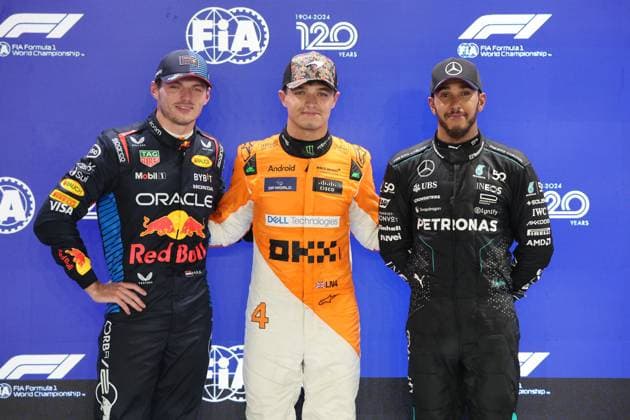 21.09.2024, Marina Bay Street Circuit, Singapore, FORMULA 1 SINGAPORE AIRLINES SINGAPORE GRAND PRIX 2024,im Bild Poleposition für Lando Norris (GBR), McLaren F1 Team, 2.Startplatz für Max Verstappen (NLD), Oracle Red Bull Racing, 3.Startplatz für Lewis Hamilton (GBR), Mercedes-AMG Petronas Formula One Team Defodi-506_20240921_hbr_10117
