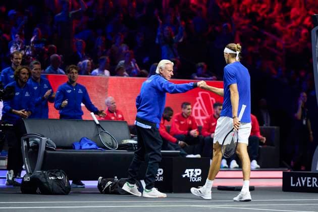 Laver Cup 2024 Berlin - Day 2 BERLIN, GERMANY - SEPTEMBER 21: Alexander Zverev of Team Europe celebrates a point with Bjorn Borg, Captain of Team Europe against Taylor Fritz of Team World during the Men s Singles match on day two of Laver Cup at Uber Arena on September 21, 2024 in Berlin, Germany. (Photo by Francisco Macia Photo Players Images Magara Press) Berlin Uber Arena Germany Copyright: xFranciscoxMaciax