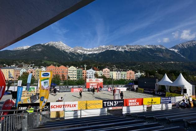 BEACHVOLLEYBALL - MEVZA Beach Event INNSBRUCK,AUSTRIA,22.SEP.24 - Beach volleyball, Beachvolleyball - MEVZA Beach Event. Image shows an overview of the Center Court.  GEPAxpictures xDanielxSchoenherr
