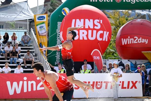 BEACHVOLLEYBALL - MEVZA Beach Event INNSBRUCK,AUSTRIA,22.SEP.24 - Beach volleyball, Beachvolleyball - MEVZA Beach Event. Image shows Laurenc Groessig and Maximilian Trummer (AUT).  GEPAxpictures xDanielxSchoenherr