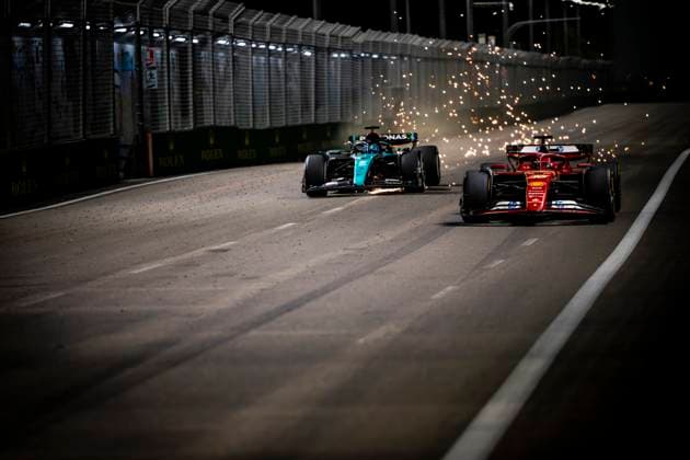 September 22, 2024, Singapore, Singapore: GEORGE RUSSELL (GBR) of Mercedes-AMG 63 and CHARLES LECLERC (MON) of Scuderia Ferrari 16 battle at the 2024 Formula 1 Singapore Grand Prix Singapore Singapore - ZUMAb177 20240922_aap_b177_104 Copyright: xTaidghxBarronx