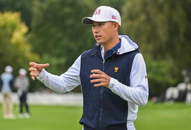 September 23, 2024, Montreal, Pq, Canada: United States team member Collin Morikawa gestures on the putting green during practice at the Presidents Cup at Royal Montreal Golf Club on Monday, Sept. 23, 2024, in Montreal. Canada News - September 23, 2024  - ZUMAc35_ 20240923_zaf_c35_027 Copyright: xGrahamxHughesx