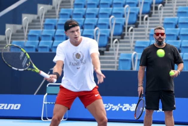 Holger Rune und Trainer, coach Benjamin Ebrahimzadeh, Training, Konishita Group Japan Open Tennis Championships, Tokyo, Japan Tennis - Japan Open Tennis Championships 2024 - ATP, Tennis Herren 500 - Ariake Coliseum - Tokyo - - Japan - 24 September 2024. Copyright: xJuergenxHasenkopfx