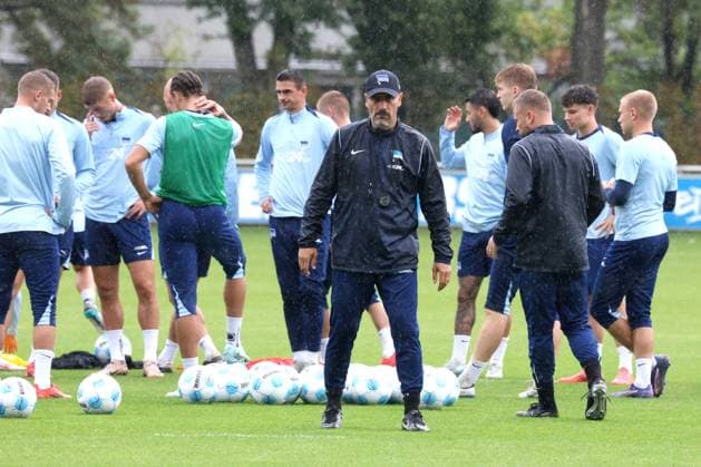 DEU, DFL, 2. FBL Hertha BSC, Training, 24.09.2024, Sportforum, Berlin, DEU, DFL, 2. FBL Hertha BSC, Training, im Bild Cheftrainer Cristian Fiel (Hertha BSC Berlin), Hertha-Spielerkreis, reden, diskutieren DFL - regulations prohibit any use of Photographs as image sequences and or quasi-video Foto: Juergen Engler nordphoto GmbH