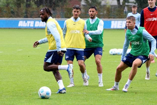DEU, DFL, 2. FBL Hertha BSC, Training, 24.09.2024, Sportforum, Berlin, DEU, DFL, 2. FBL Hertha BSC, Training, im Bild Deyovaisio Zeefuik (Hertha BSC Berlin 42), Diego Demme (Hertha BSC Berlin 6), Kevin Sessa (Hertha BSC Berlin 8), Gustav Christensen (Hertha BSC Berlin 26) DFL - regulations prohibit any use of Photographs as image sequences and or quasi-video Foto: Juergen Engler nordphoto GmbH