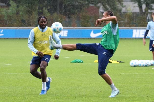 DEU, DFL, 2. FBL Hertha BSC, Training, 24.09.2024, Sportforum, Berlin, DEU, DFL, 2. FBL Hertha BSC, Training, im Bild Derry Scherhant (Hertha BSC Berlin 39), Deyovaisio Zeefuik (Hertha BSC Berlin 42), DFL - regulations prohibit any use of Photographs as image sequences and or quasi-video Foto: Juergen Engler nordphoto GmbH
