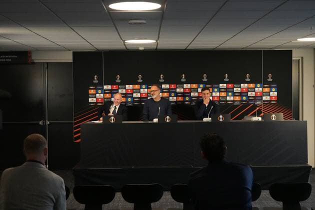 Europa League, FC Midtjylland vs TSG 1899 Hoffenheim 24.09.2024, MCH Arena, Herning, Europa League, FC Midtjylland vs TSG 1899 Hoffenheim , im Bild Pressekonferenz mit Trainer Pellegrino Matarazzo (Hoffenheim) und Jacob Bruun Larsen (Hoffenheim) Herning MCH Arena Dänemark