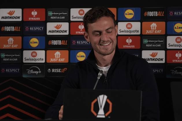 Europa League, FC Midtjylland vs TSG 1899 Hoffenheim 24.09.2024, MCH Arena, Herning, Europa League, FC Midtjylland vs TSG 1899 Hoffenheim , im Bild Pressekonferenz mit Trainer Pellegrino Matarazzo (Hoffenheim) und Jacob Bruun Larsen (Hoffenheim) Herning MCH Arena Dänemark