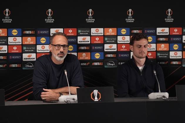 Europa League, FC Midtjylland vs TSG 1899 Hoffenheim 24.09.2024, MCH Arena, Herning, Europa League, FC Midtjylland vs TSG 1899 Hoffenheim , im Bild Pressekonferenz mit Trainer Pellegrino Matarazzo (Hoffenheim) und Jacob Bruun Larsen (Hoffenheim) Herning MCH Arena Dänemark