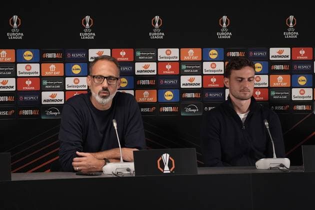 Europa League, FC Midtjylland vs TSG 1899 Hoffenheim 24.09.2024, MCH Arena, Herning, Europa League, FC Midtjylland vs TSG 1899 Hoffenheim , im Bild Pressekonferenz mit Trainer Pellegrino Matarazzo (Hoffenheim) und Jacob Bruun Larsen (Hoffenheim) Herning MCH Arena Dänemark